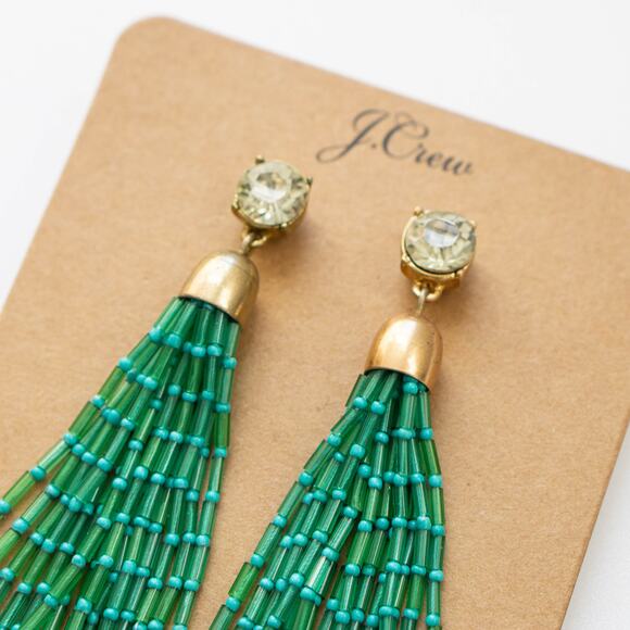 J.CREW Mixed Beaded Tassel Earrings Frosty Emerald Green - Picture 4 of 6